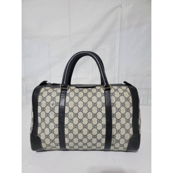 Authentic Gucci Vintage Canvas Gg Pattern Boston Bag Navy Blue/Beige - Picture 5 of 12